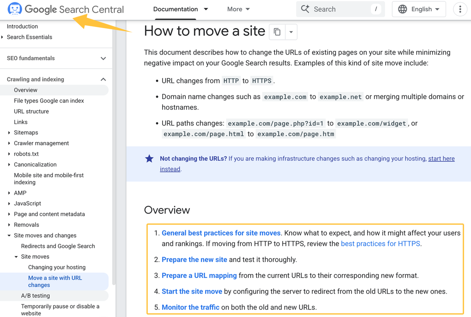 Google Search Central best practices used by a wordpress seo agency for safely moving a site and tracking url changes.