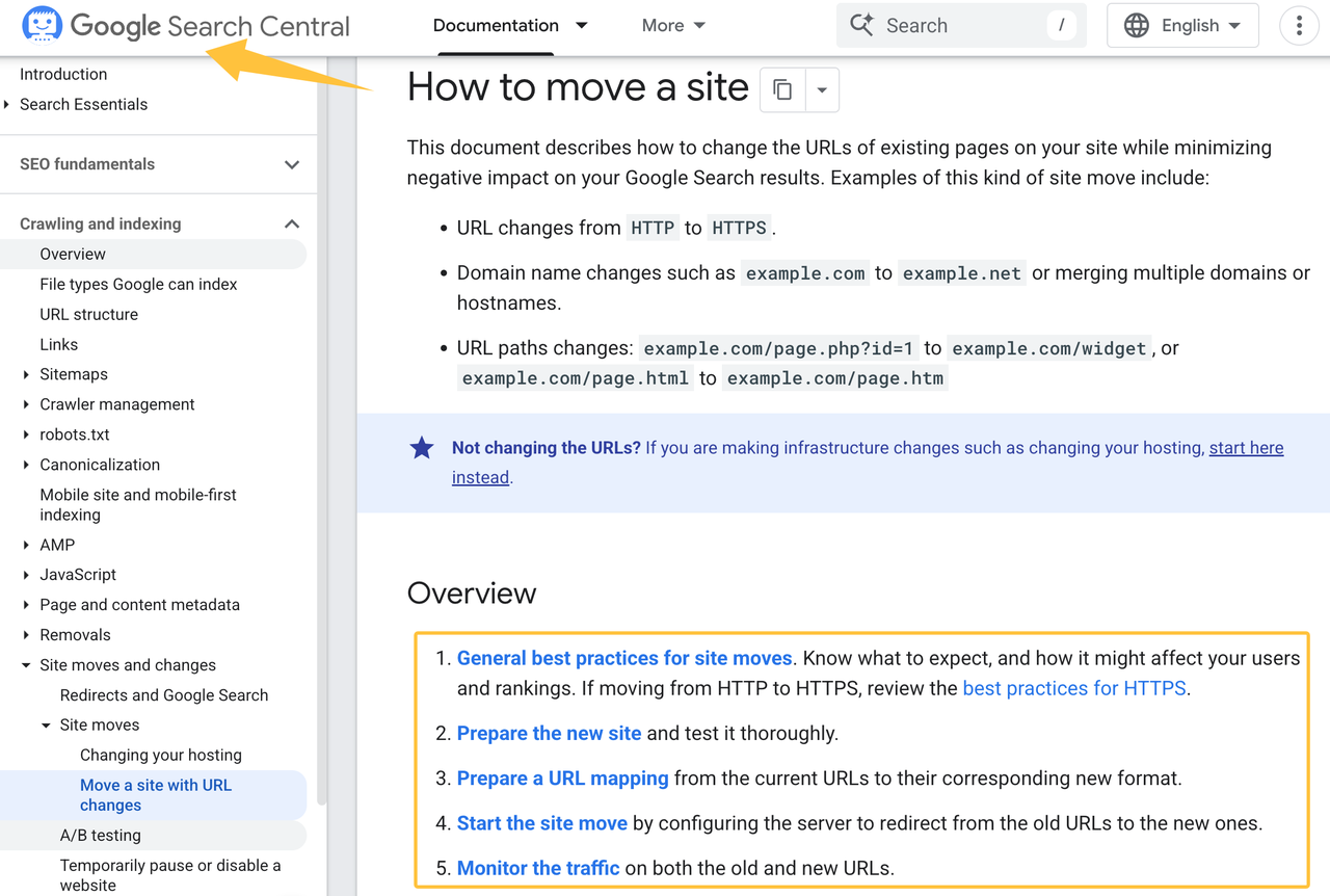 Google Search Central best practices used by a wordpress seo agency for safely moving a site and tracking url changes.