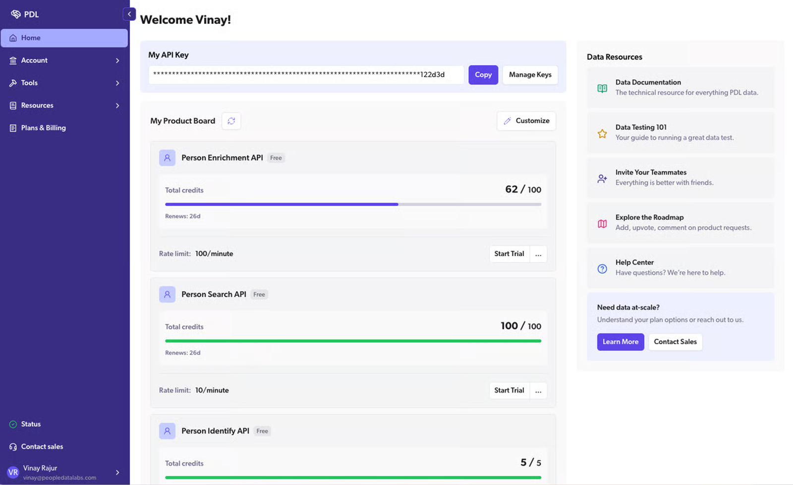 Monitor your credit limits and active keys inside a modern lead enrichment api dashboard.