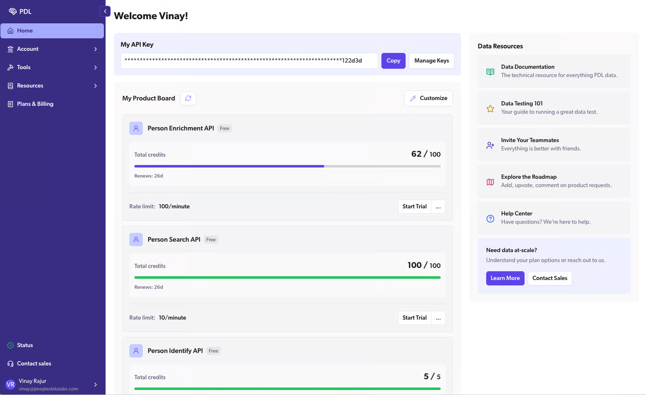 Monitor your credit limits and active keys inside a modern lead enrichment api dashboard.
