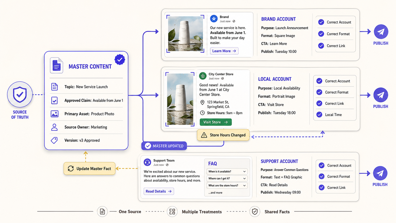 A content strategy diagram showing how to manage multiple social media accounts using a single source of truth.