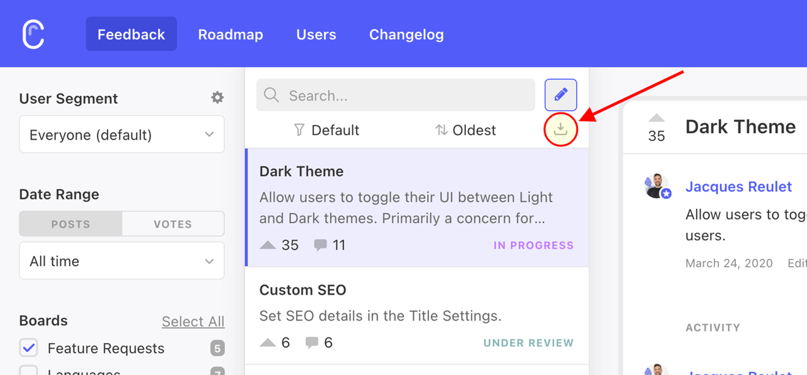 Highlighted download icon for exporting feedback data from a feature request in advanced customer feedback tools.