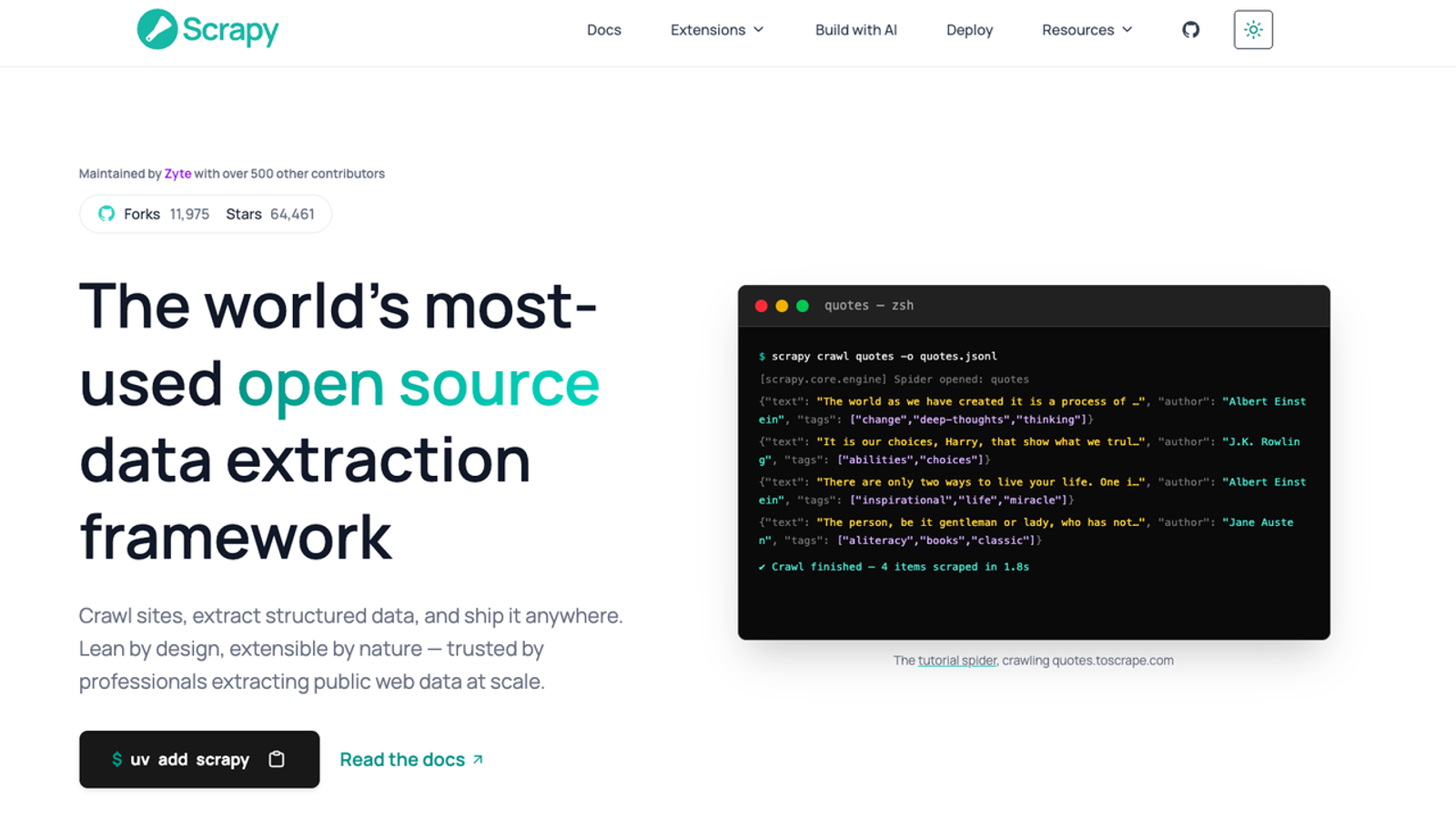 Scrapy website showing the open source web data extraction framework as firecrawl alternatives. 