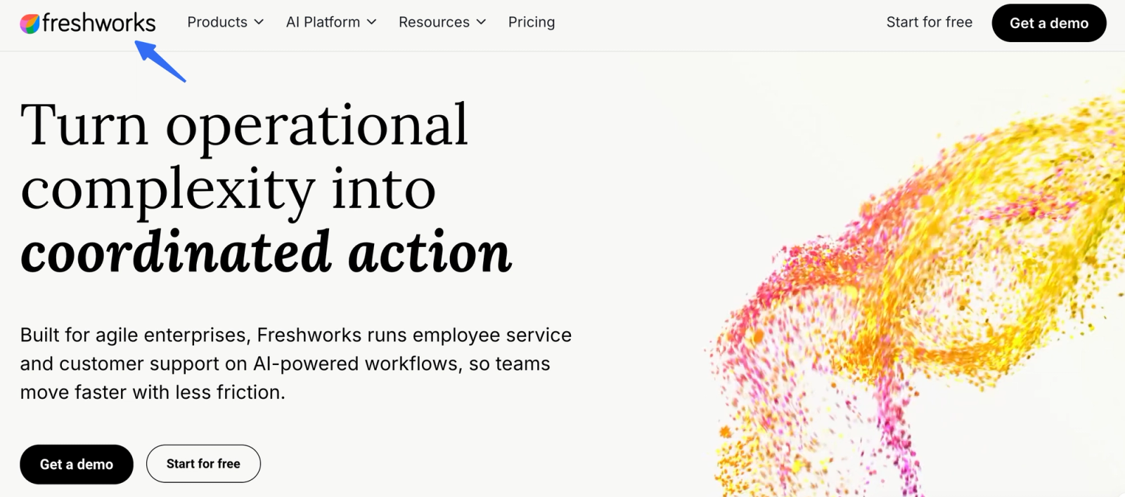 Freshworks homepage highlighting AI-powered workflows as one of the best ticket triage tools.