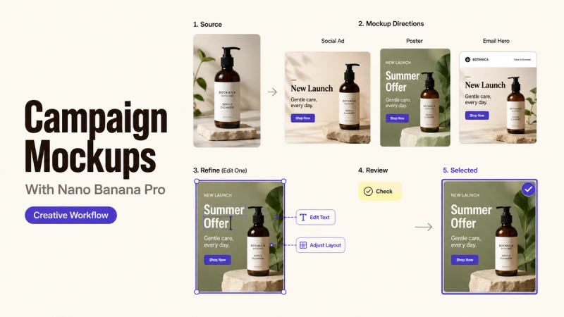 Nano Banana Pro marketing campaign mockups showing a skincare bottle transformed into social ads, posters, and emails.