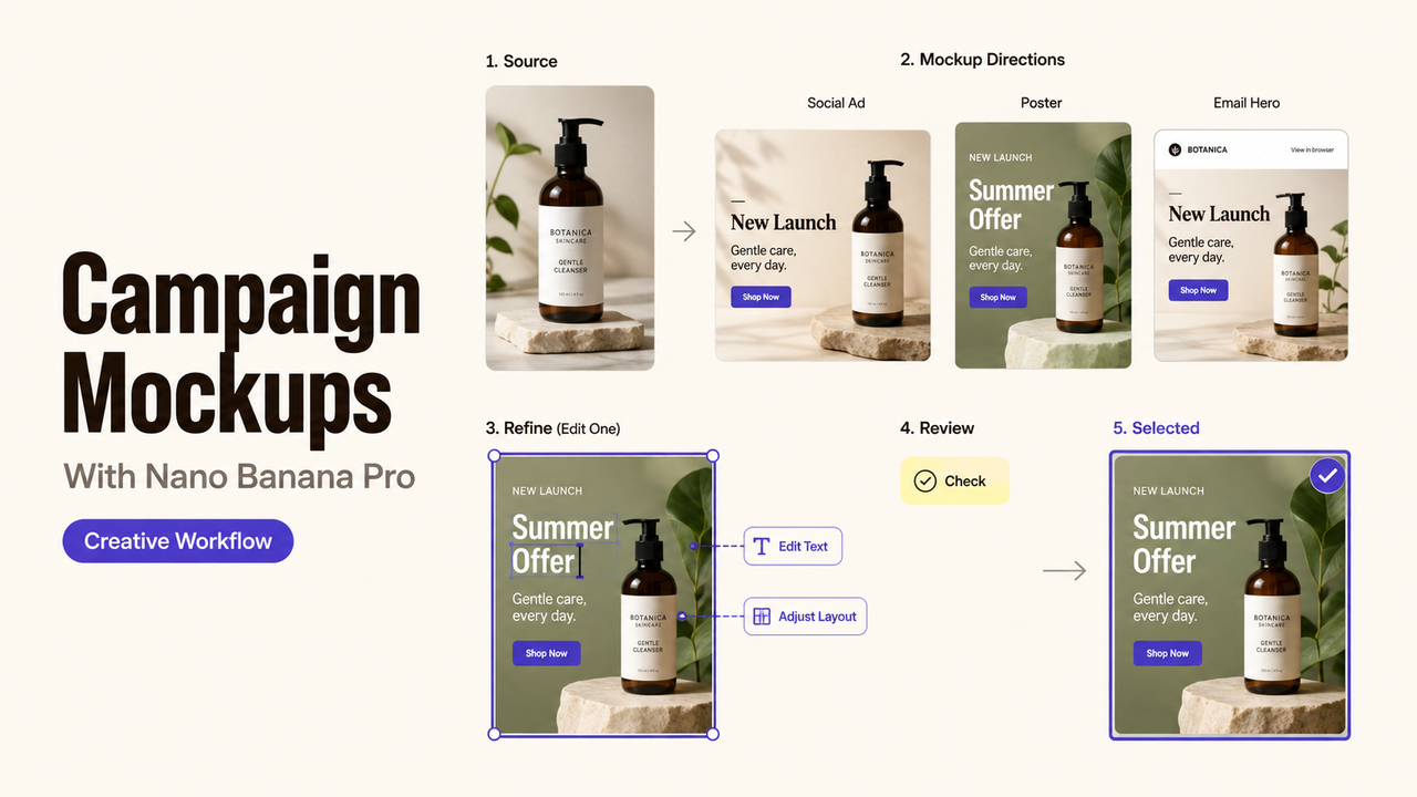 Nano Banana Pro marketing campaign mockups showing a skincare bottle transformed into social ads, posters, and emails.