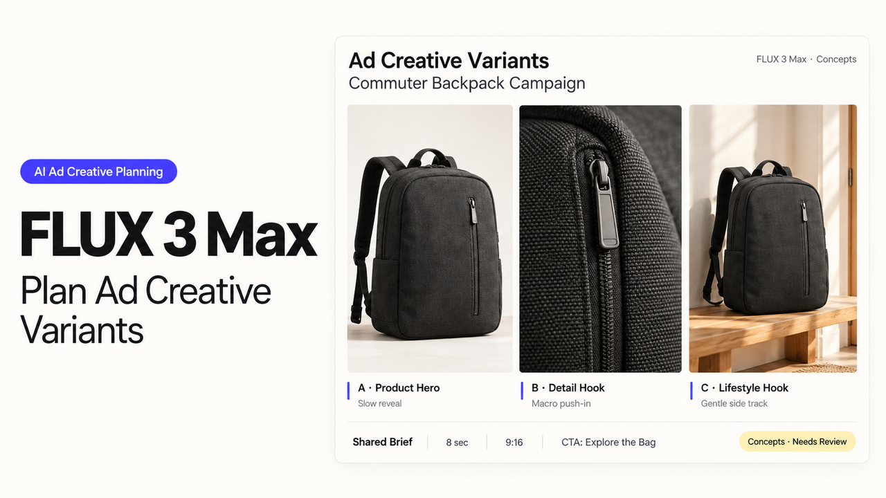 Planning flux 3 max ad creative variants for a commuter backpack using an AI dashboard.