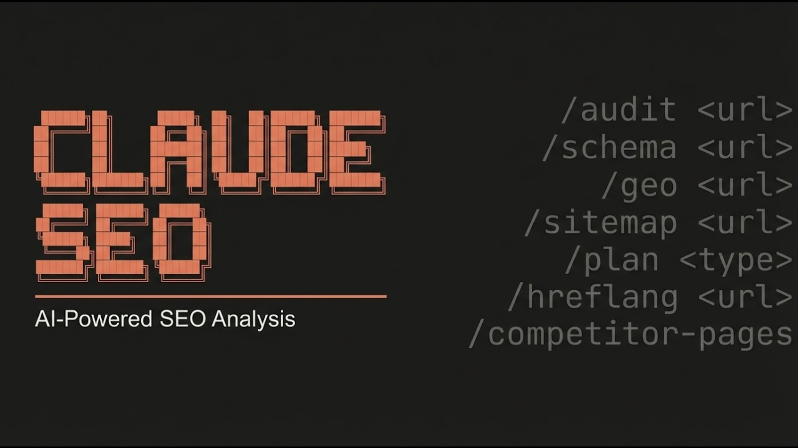 Screen displaying a list of available automated commands like /audit, /schema, and /plan provided by Claude SEO vs a human SEO agency.
