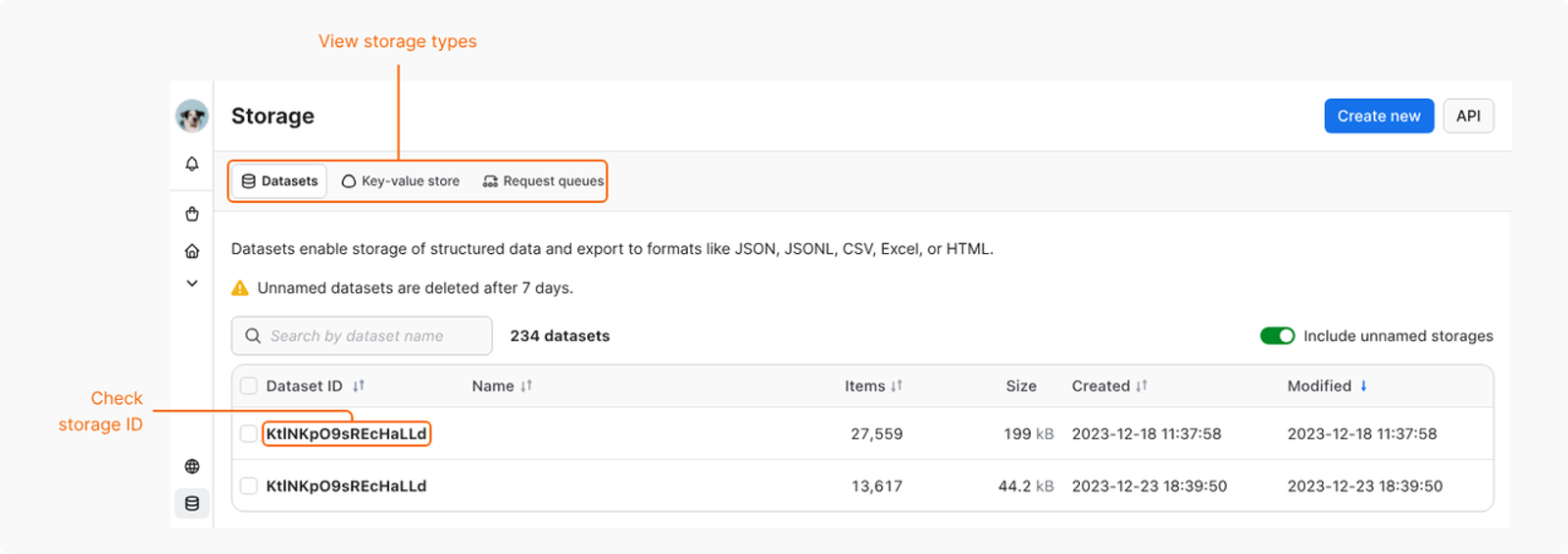 The storage tab shows datasets, key-value stores, and request queues for managing results from the best web scraping tools.