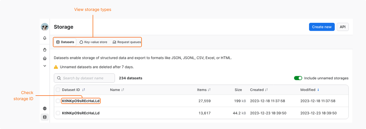 The storage tab shows datasets, key-value stores, and request queues for managing results from the best web scraping tools.