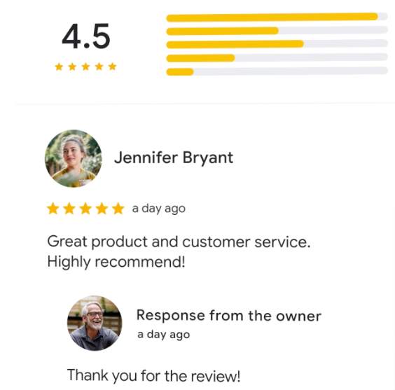 Five-star customer review and owner response demonstrating reputation management in digital marketing for plumbers.