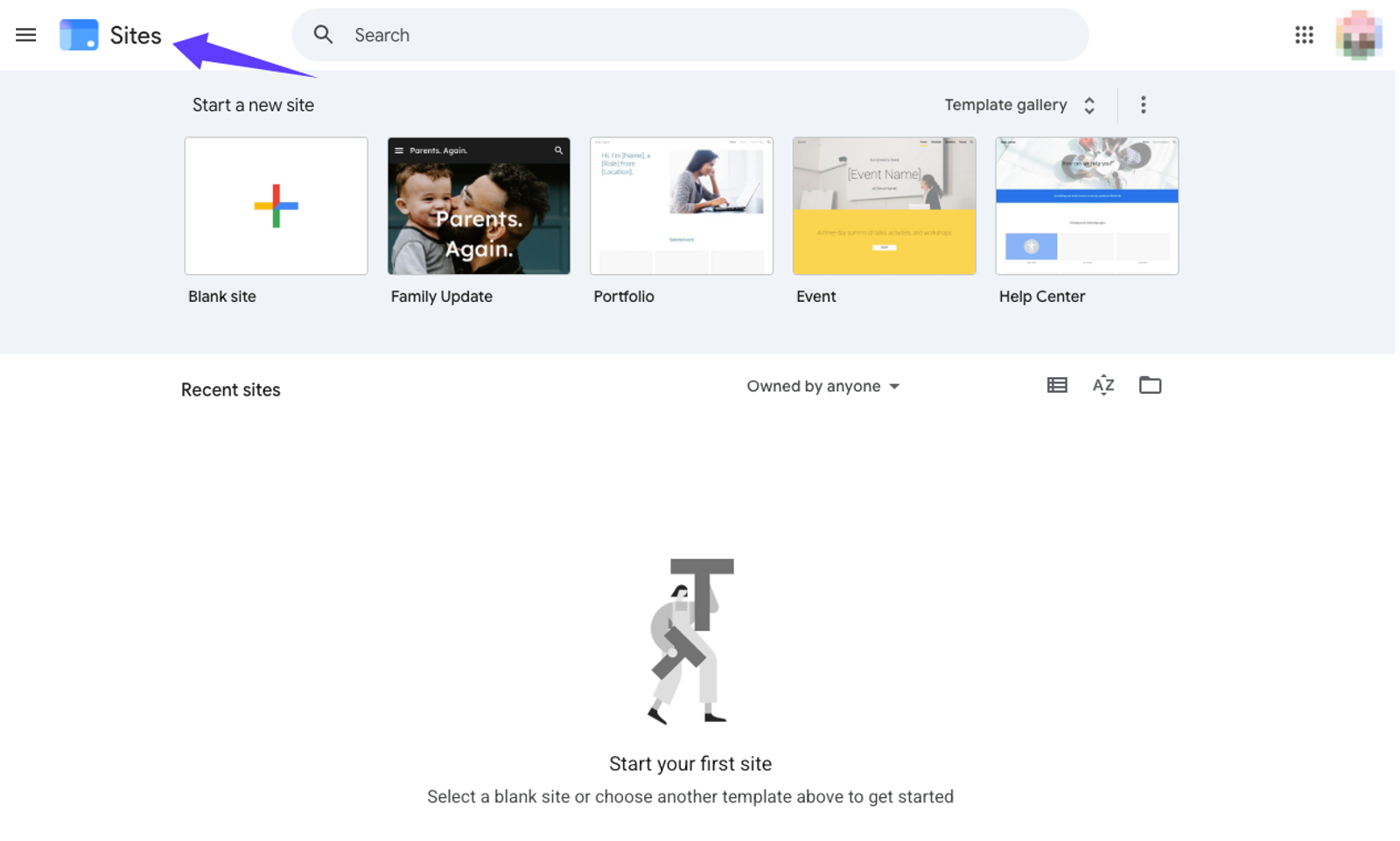 The Google Sites homepage with "Start a new site" and "Recent sites" options.