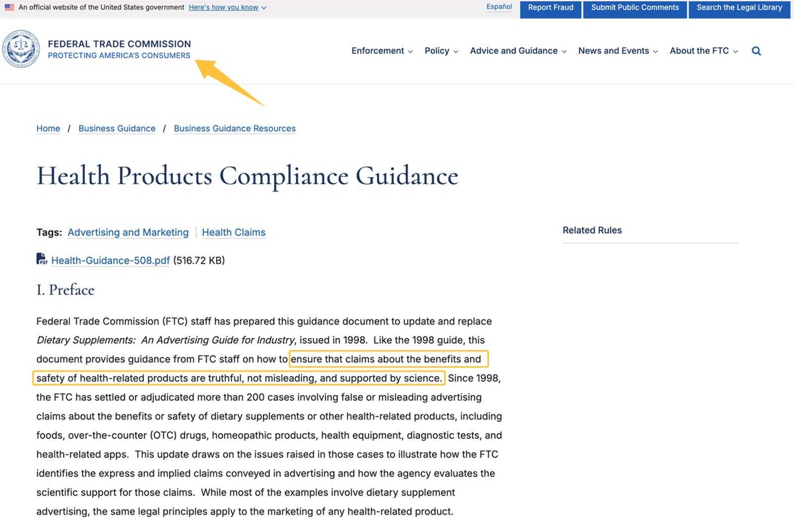 Screenshot of FTC website highlighting the importance of truthful and scientific claims for dental practices’ local SEO.