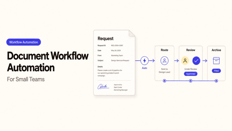 Process map for document workflow automation showing a request moving from routing to approval and archival for teams.