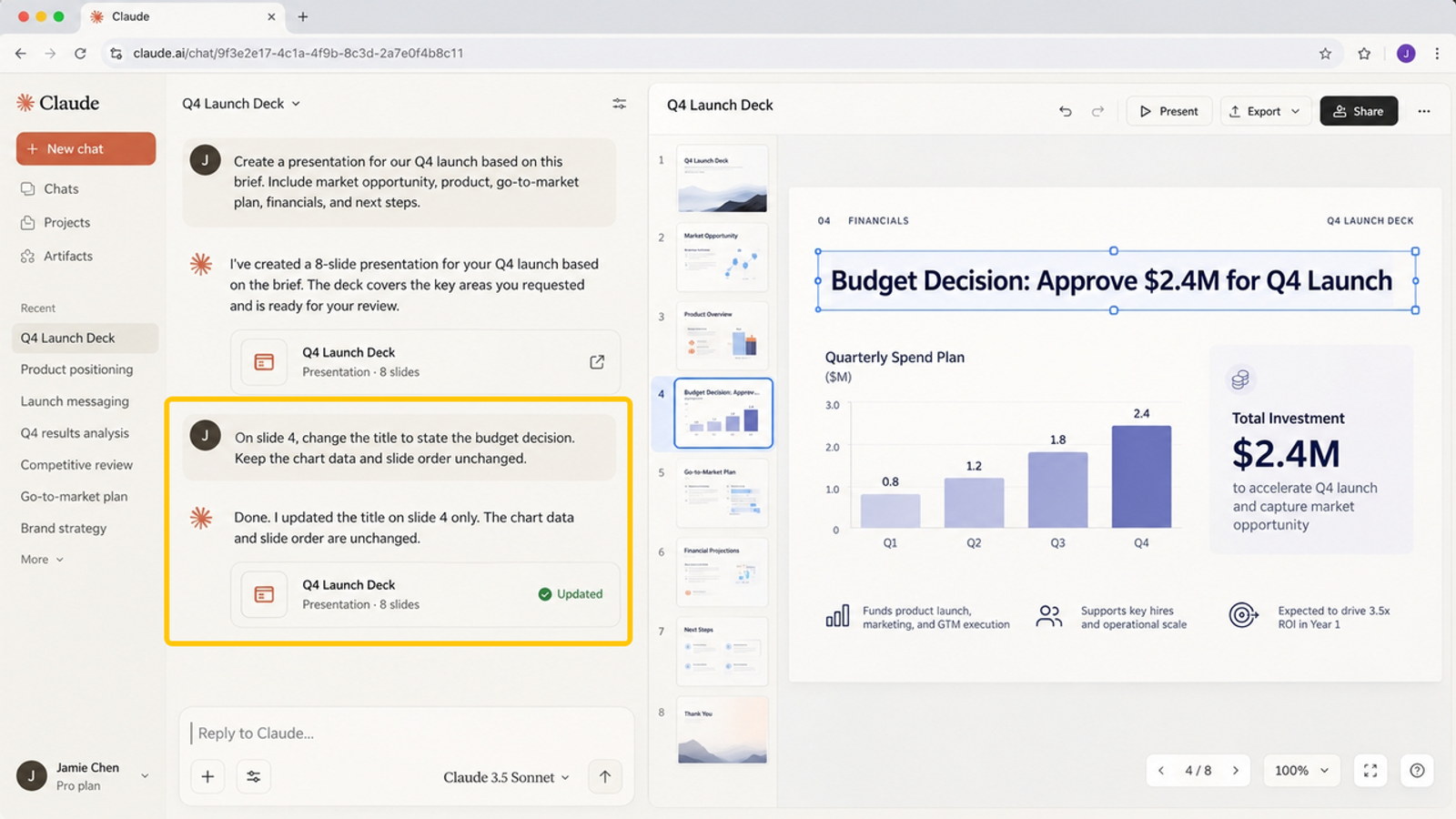 See how to edit titles and charts based on prompts in this interactive Claude Slides view.