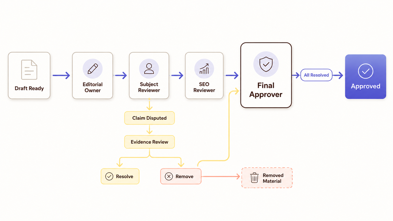 Workflow process for finalizing and approving content produced by expert seo content writing services, including dispute resolution.