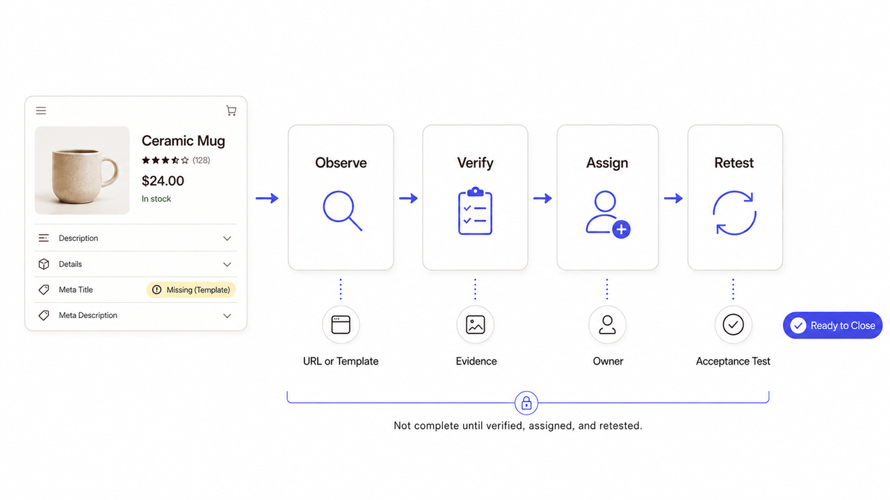 Issue resolution workflow for product pages implemented during professional ecommerce seo audit services.