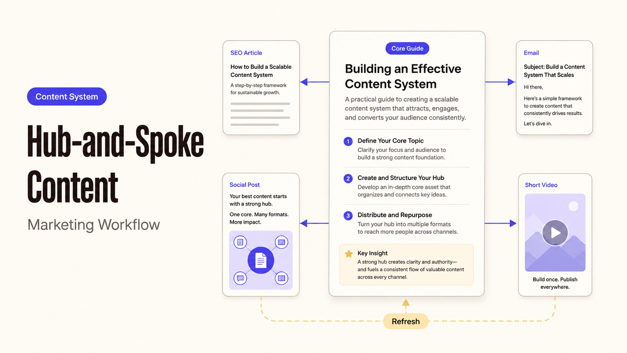 Diagram of a content marketing hub and spoke model for amplification and repurposing.