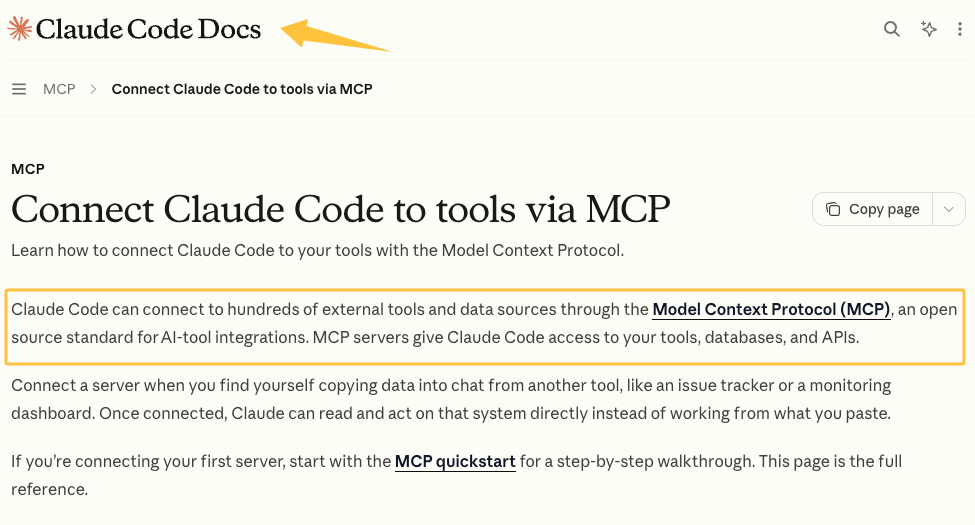 Claude Code Docs showing how to connect tools via MCP, an essential step in the Claude Code market research recipe setup.