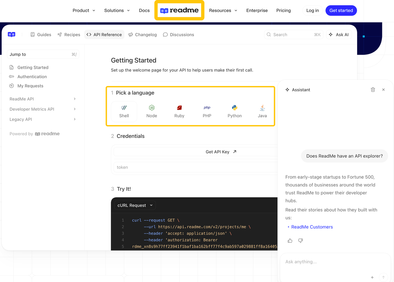 Explore language options and interactive testing features within the restless readme API documentation hub.