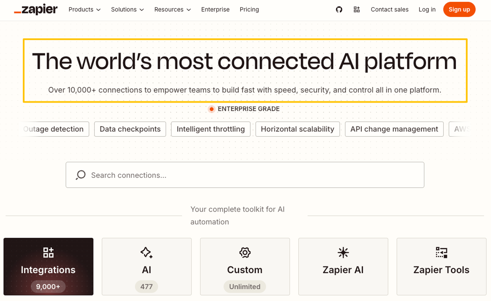 Zapier homepage, the world's most connected AI platform for building workflow automation tools.