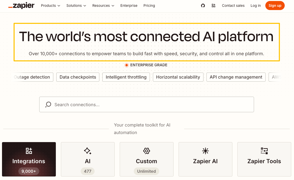 Zapier homepage, the world's most connected AI platform for building workflow automation tools.