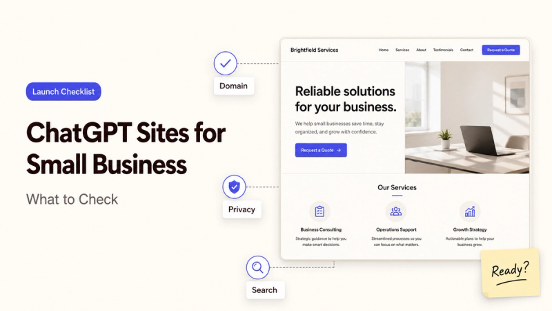 Launch checklist for ChatGPT Sites for small business, showing domain, privacy, and search checks for a consulting website.