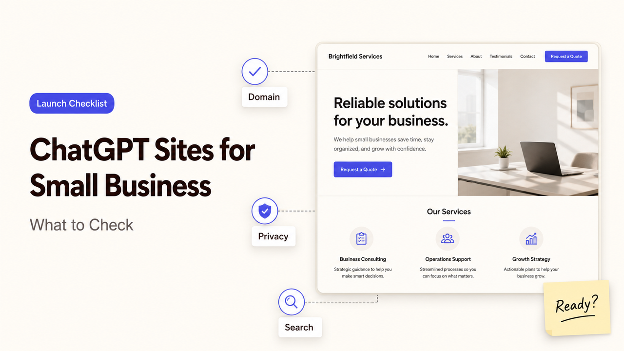 Launch checklist for ChatGPT Sites for small business, showing domain, privacy, and search checks for a consulting website.
