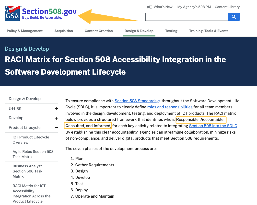 Section508.gov webpage showing RACI matrix, highlighting structured roles needed in fractional marketing services.