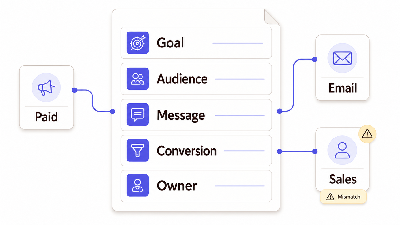Flowchart mapping paid ads to goals and sales, highlighting campaign alignment in integrated digital marketing workflows.