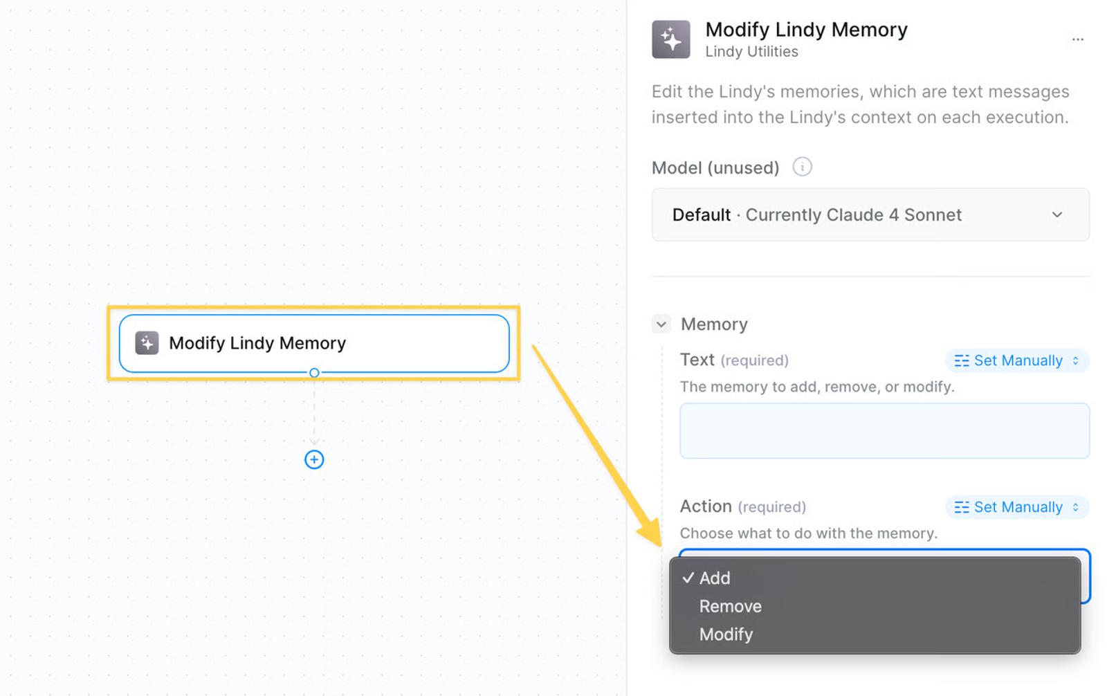 Learn how to modify Lindy AI memory within the flow editor utility to add, remove, or edit custom agent context easily.