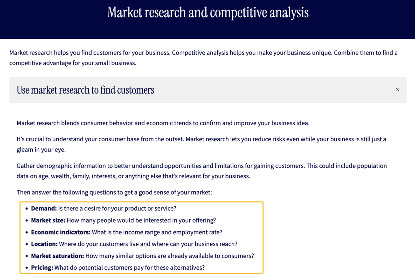 Text guide explaining how market research informs brand strategy services by finding customers and analyzing market size.