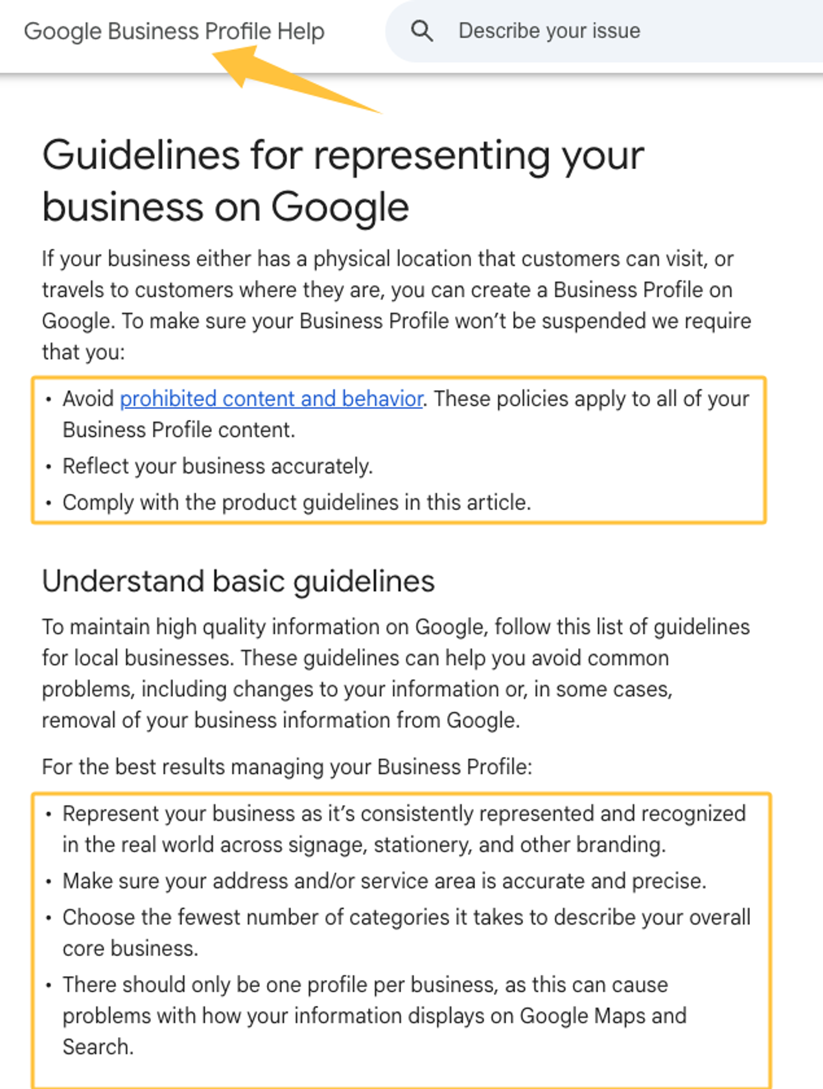Google Business Profile guidelines page outlining best practices for local SEO for electricians.