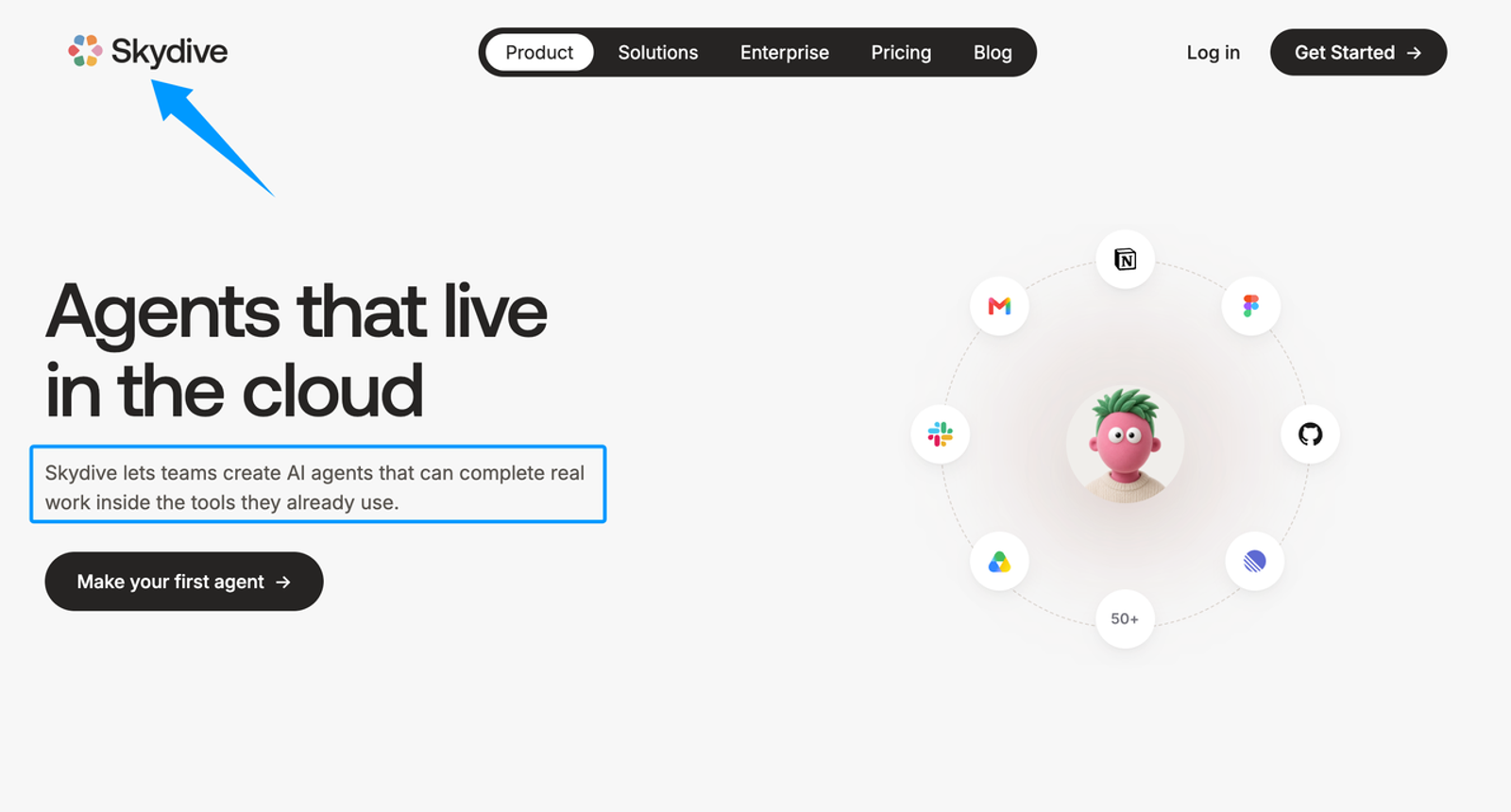 Homepage of Skydive AI for business, showcasing cloud-based agents and popular software integrations.
