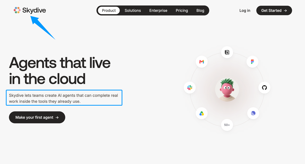 Homepage of Skydive AI for business, showcasing cloud-based agents and popular software integrations.