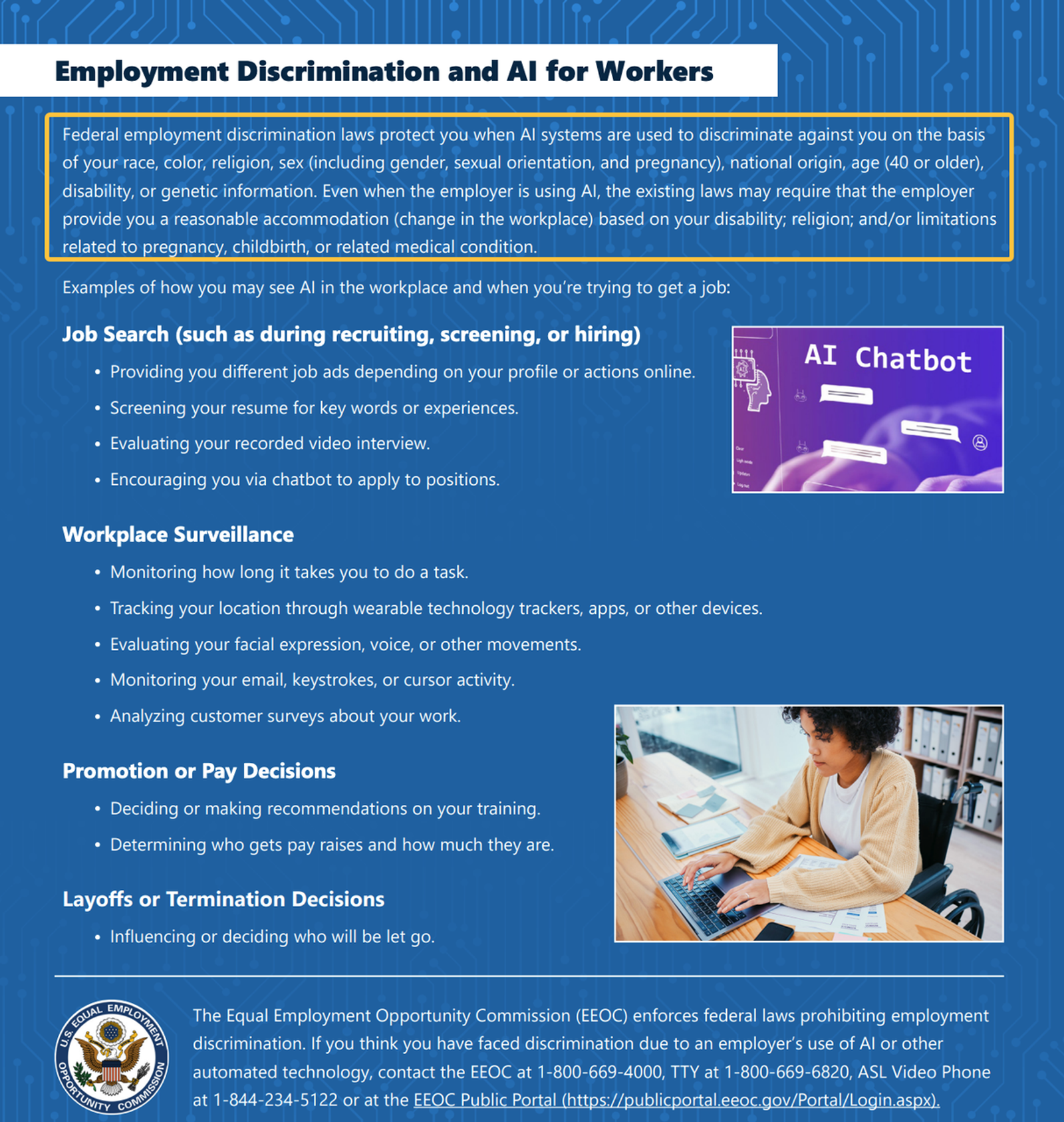 EEOC infographic on federal discrimination laws protecting workers when businesses utilize AI agent employees.