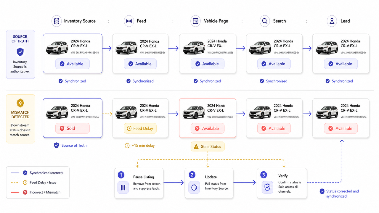 SEO for car dealerships: Detecting and correcting mismatched vehicle status.