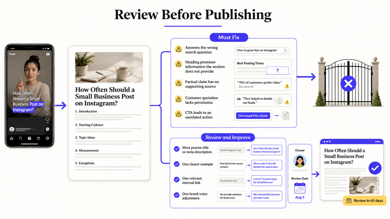 A visual checklist detailing "Must Fix" and "Review and Improve" steps for an Instagram Reel to blog post.