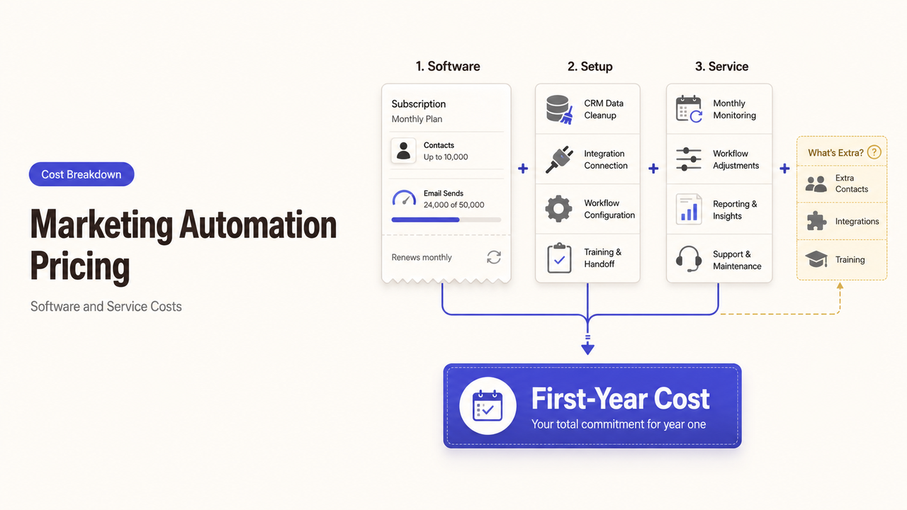 Diagram showing a first-year marketing automation pricing breakdown, including software, setup, and service costs.