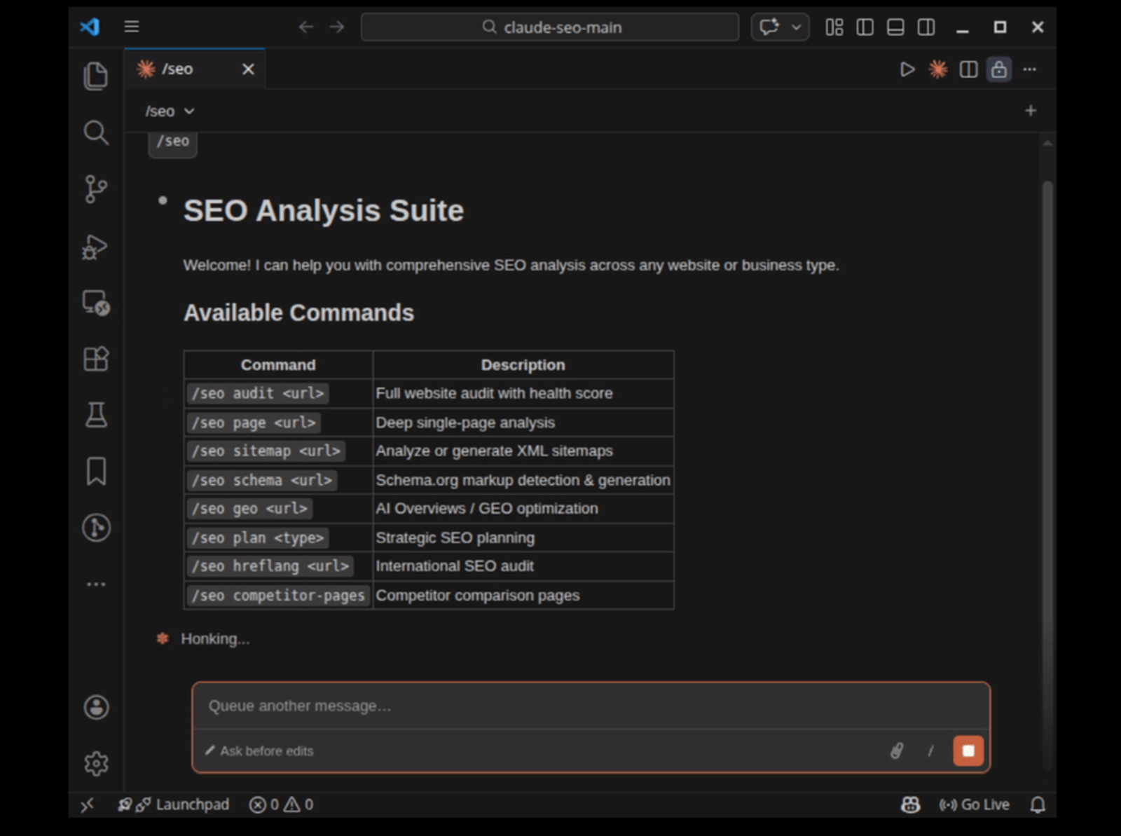 This Claude SEO review examines the terminal interface and available commands for conducting comprehensive website analysis.