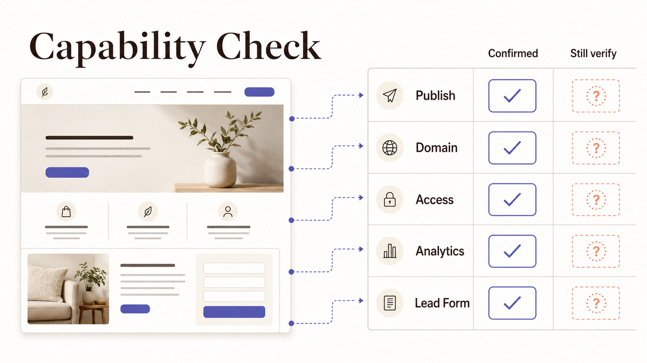 Capability check for ChatGPT Sites for small business, verifying publishing, domain, access, analytics, and lead forms.