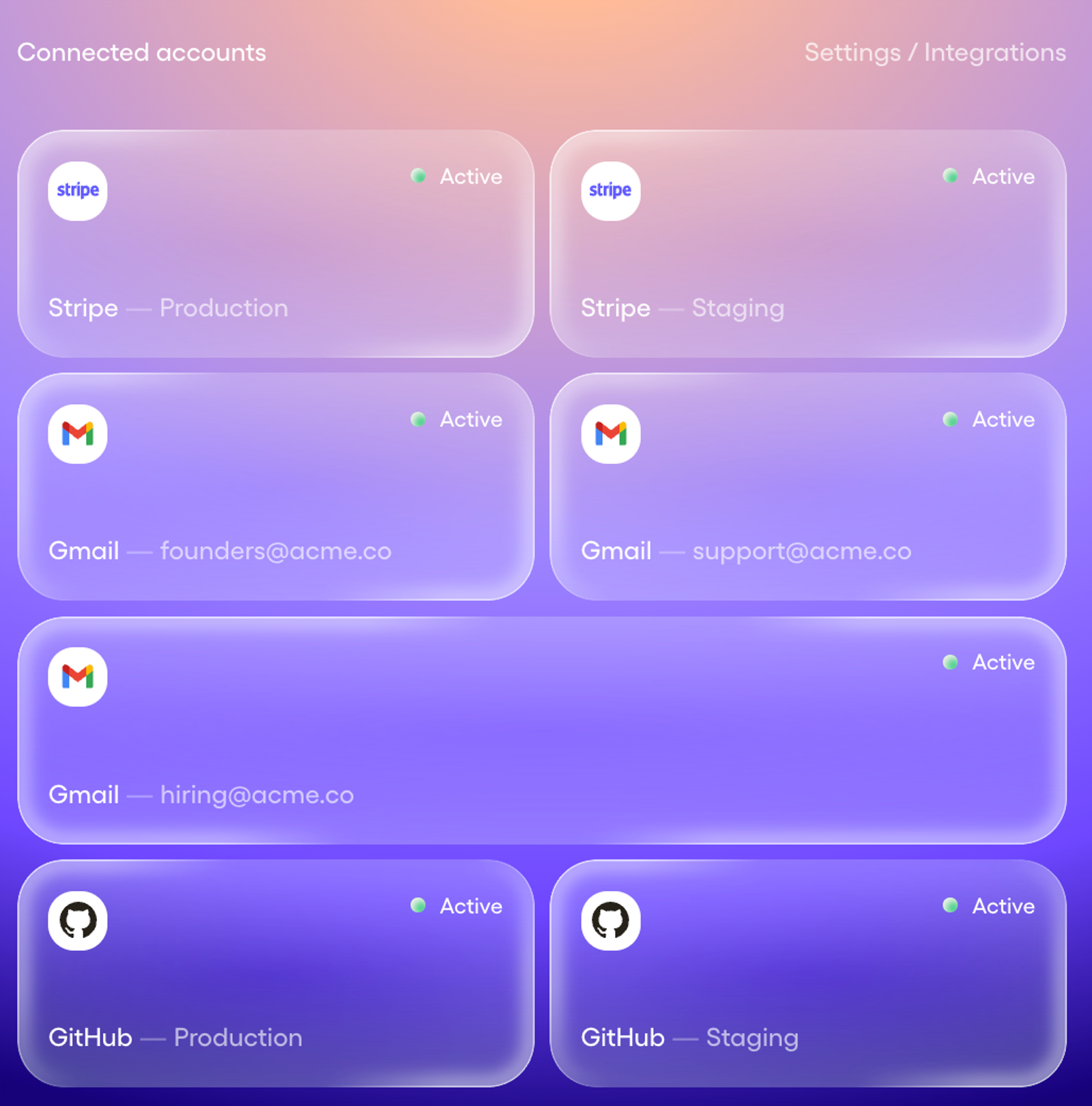 Settings menu displaying active integrations for Stripe, Gmail, and GitHub to power Viktor small business tools.