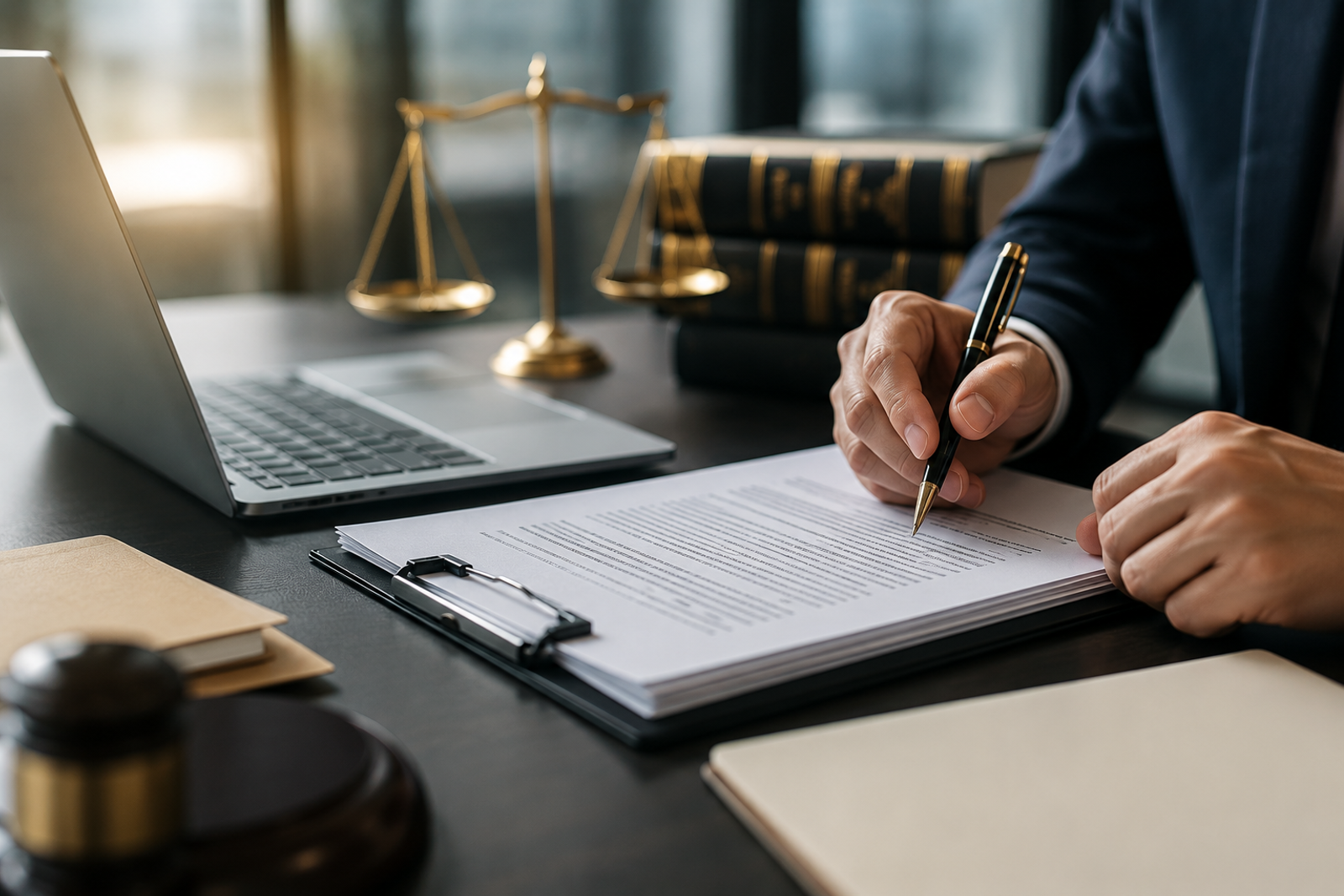 Legal professional reviewing a business contract with legal documents, laptop, and law books in a modern office.