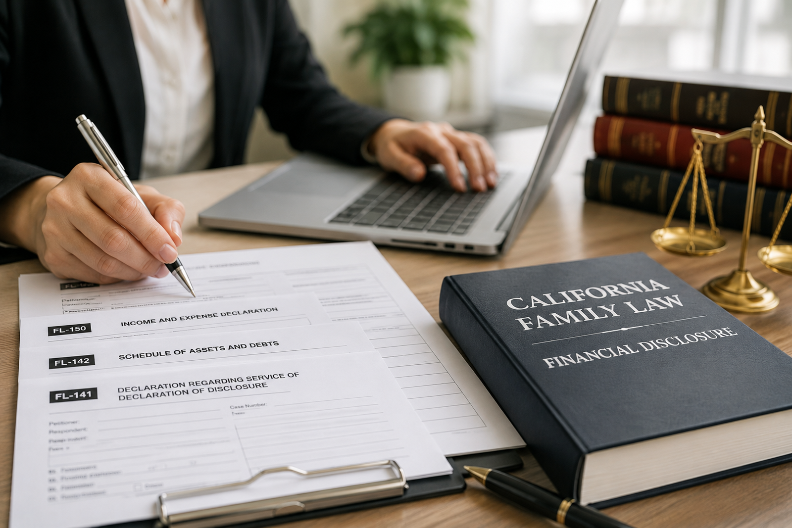 California Family Law Financial Disclosure workspace featuring FL-141, FL-142, and FL-150 forms, legal reference book, laptop, checklist, and office desk.