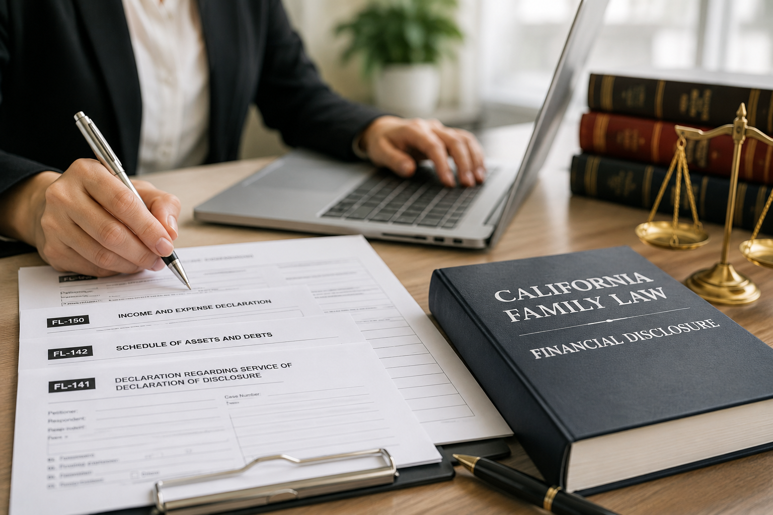 California Family Law Financial Disclosure workspace featuring FL-141, FL-142, and FL-150 forms, legal reference book, laptop, checklist, and office desk.
