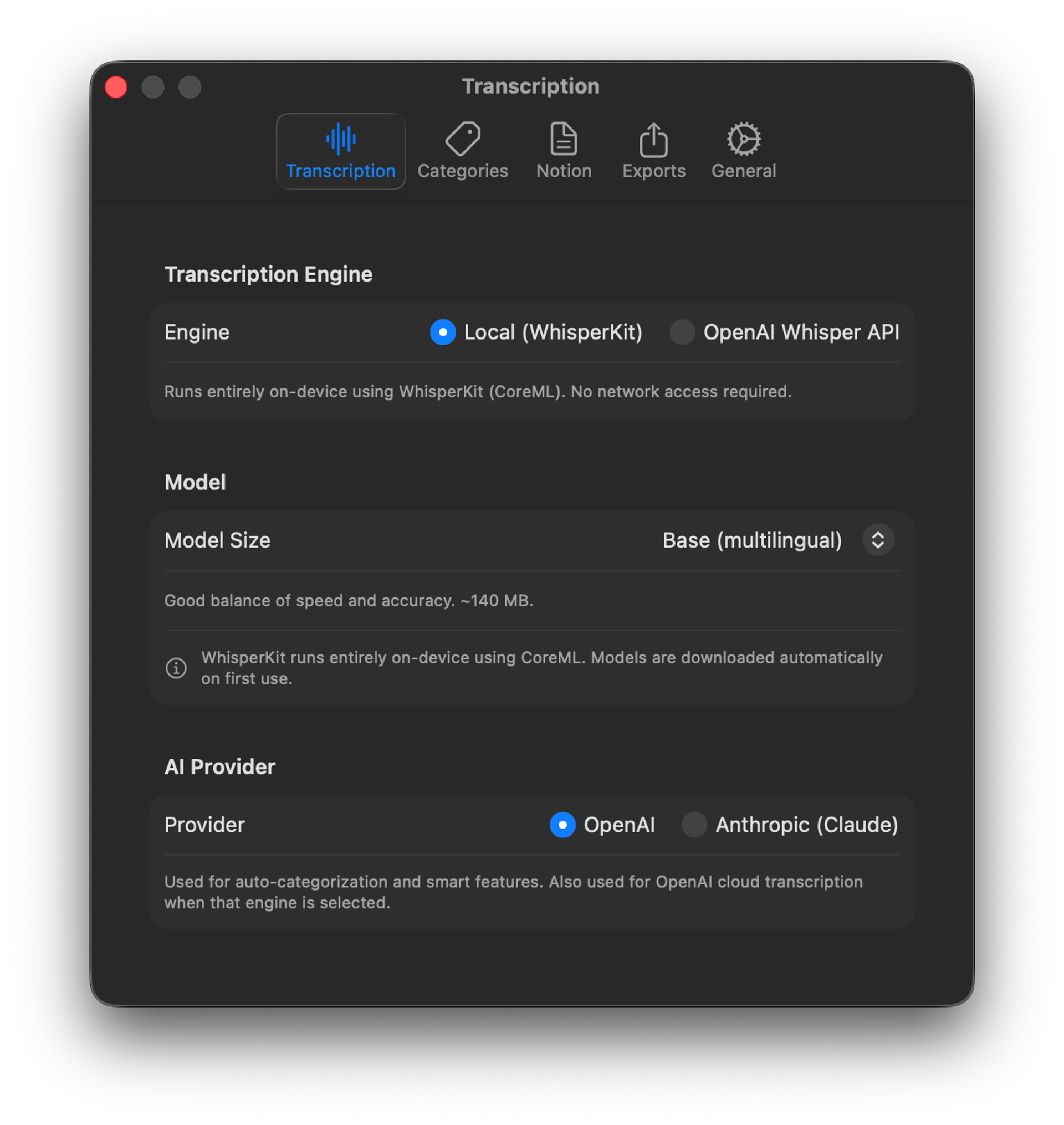 Transcription engine settings page