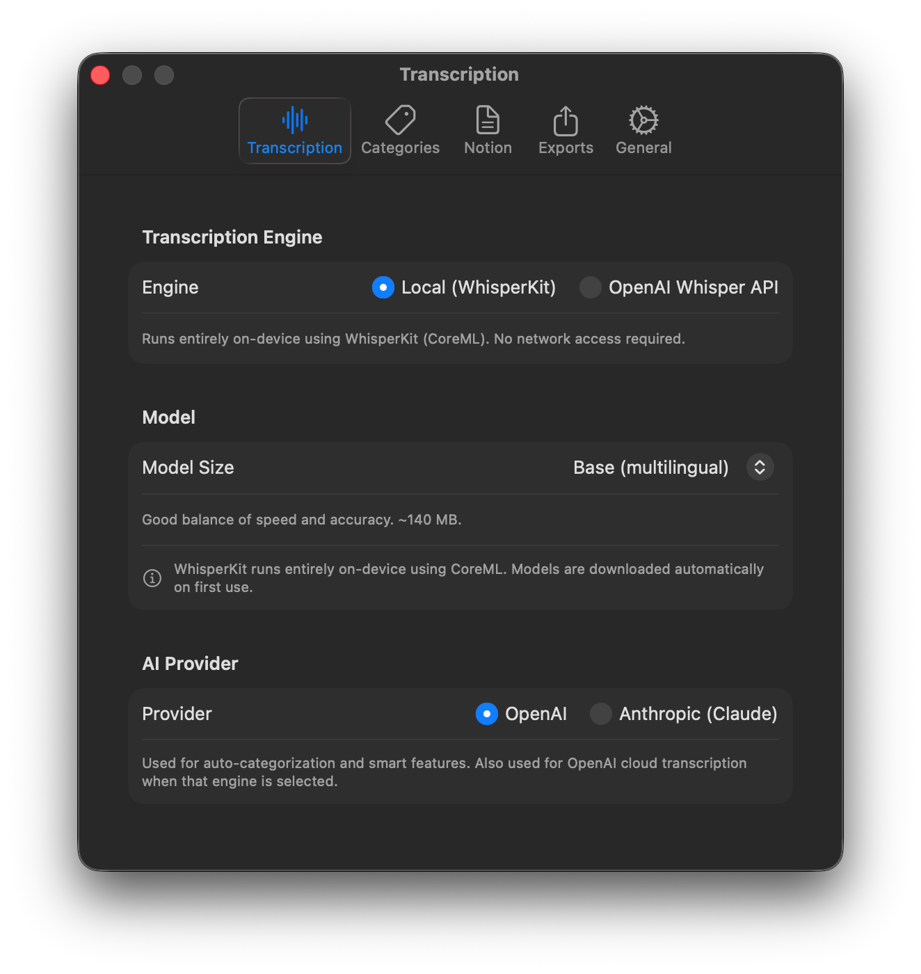 Transcription engine settings page
