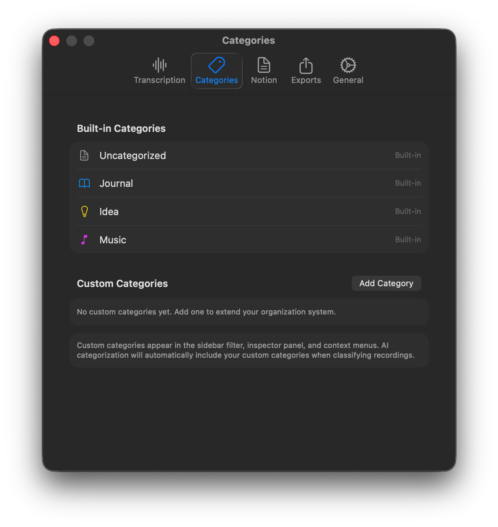 The settings page for setting categories