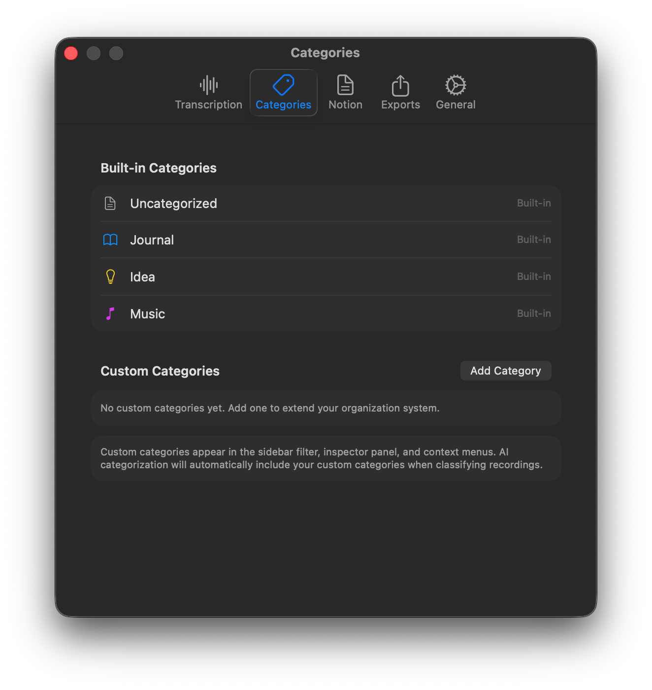 The settings page for setting categories