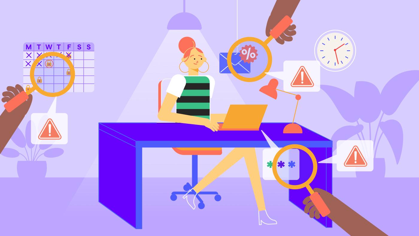 Person at desk with a laptop surrounded by icons like calendar, warning signs, password symbols, and magnifying glasses.